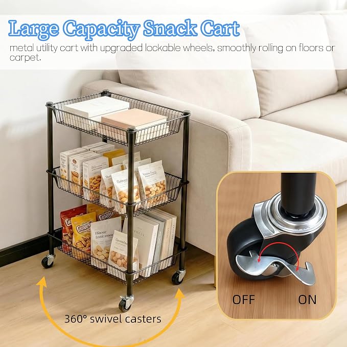 Pantry Organizer and Storage Shelves Kitchen Cart for Fruit Vegetables, 3 Tier Utility Cart with Wheels, Onion Potato Storage Basket Thicken Metal Trolley for Laundry Bathroom, Black