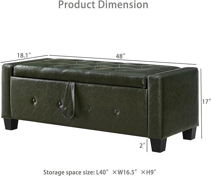 Furniliving Storage Bench, 48‘’ Upholstered PU Leather Ottoman Bench with Button-Tufted, Folding Bedroom Bench with Wood Legs, Entryway Bench for Bedroom, Grass Green