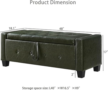Furniliving Storage Bench, 48‘’ Upholstered PU Leather Ottoman Bench with Button-Tufted, Folding Bedroom Bench with Wood Legs, Entryway Bench for Bedroom, Grass Green