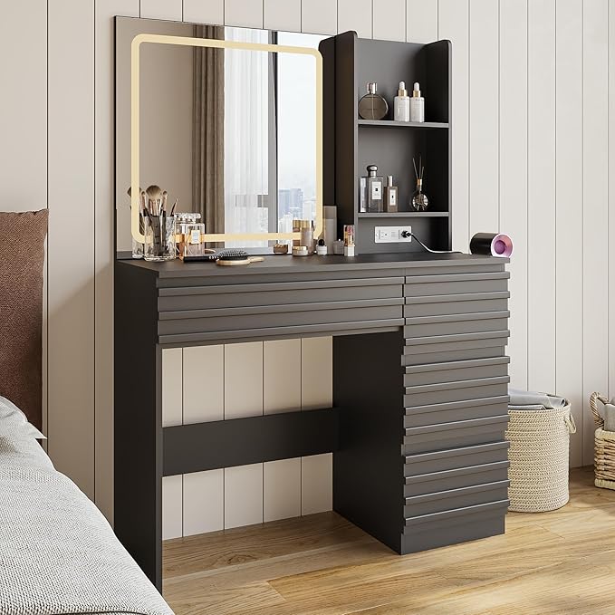 Fluted Vanity Desk with HD Mirror and Lights, Wood Makeup Vanity Table with 4 Drawers & Open Shelves, Mid Century Dressing Table Set with Charging Station, 3 Color Lighting Modes for Bedroom, Black