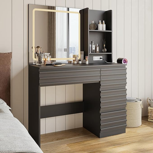 Fluted Vanity Desk with HD Mirror and Lights, Wood Makeup Vanity Table with 4 Drawers & Open Shelves, Mid Century Dressing Table Set with Charging Station, 3 Color Lighting Modes for Bedroom, Black