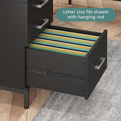 TVU 59’‘ L Shaped Desk with 6 Wood Drawers, Large Home Office Corner Computer Desk with Storage File Cabinet, Modern Metal Wood Desk for Executive Writing Study Workstation, Black