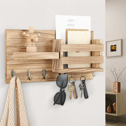 Lwenki Mail Organizer for Wall Mount – Key Holder with Shelf Includes Letter Holder and Hooks for Coats, Dog Leashes – Rustic Wood with Flush Mounting Hardware (16.5” x 8.7” x 3.5”) (Wood)