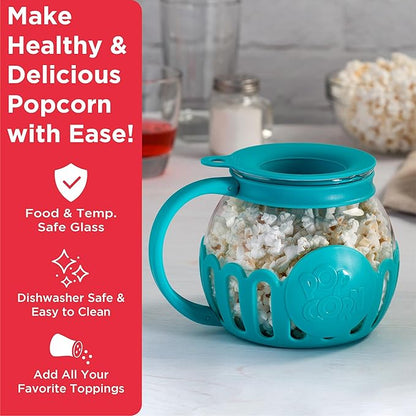 Ecolution Patented Micro-Pop Microwave Popcorn Popper with Temperature Safe Glass,3-in-1 Lid Measures Kernels and Melts Butter,Made Without BPA,Dishwasher Safe,1.5-Quart,Teal,(Pack of 4)