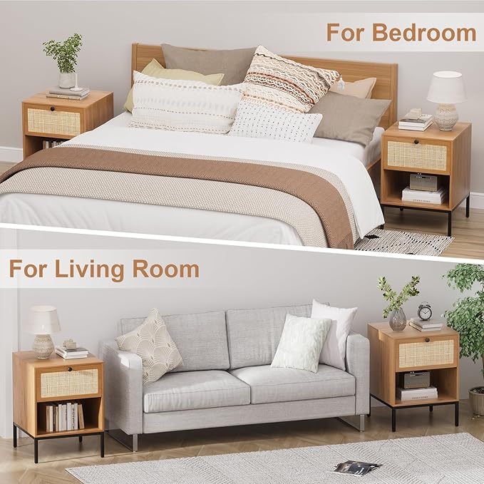 XIAO WEI Natural Rattan Nightstand Set of 2, Boho Night Stand with Drawer and Open Shelf, Bedside Table Accent Cane End Table Side Table for Bedroom Living Room, Metal Legs/Small/Light Brown