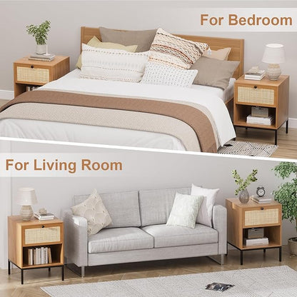 XIAO WEI Natural Rattan Nightstand Set of 2, Boho Night Stand with Drawer and Open Shelf, Bedside Table Accent Cane End Table Side Table for Bedroom Living Room, Metal Legs/Small/Light Brown