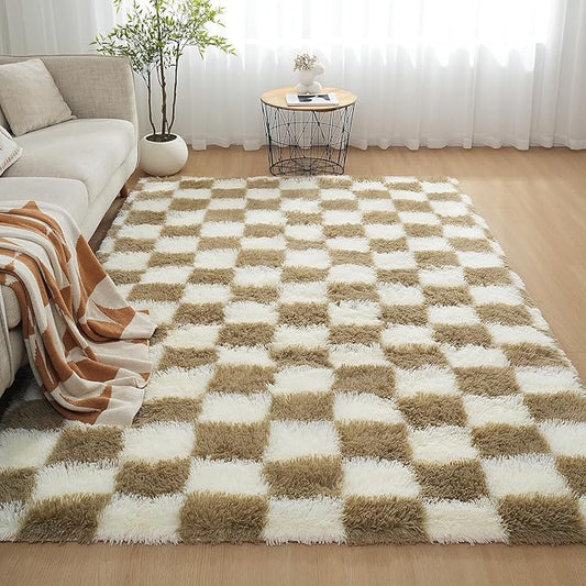 Checkered Area Rugs for Living Room 8x10, Fluffy Beige and White Checkered Rug Fuzzy Shag Shaggy Carpets for Bedroom, Soft Plush Furry Rug for Teen Room Dorm Home Decor