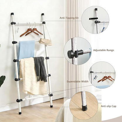 SIBRAD Expandable Blanket Ladder for Living Room, Adjustable Width (17.3"-32.3") Tall Metal Quilt Rack Wall Leaning, Rustic White Wood Grain 5-Tier Blanket Holder, Heavy Duty 45 Lbs Capacity