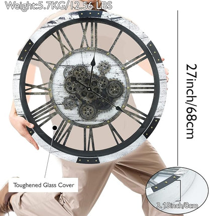 DORBOKER 27 Inch Large Wall Clock Farmhouse Wooden Clock with Moving Gears HD Toughened Glass Cover, Oversized Industrial Steampunk Rustic Wall Clock for Living Room Decor Home Kitchen Office (White)