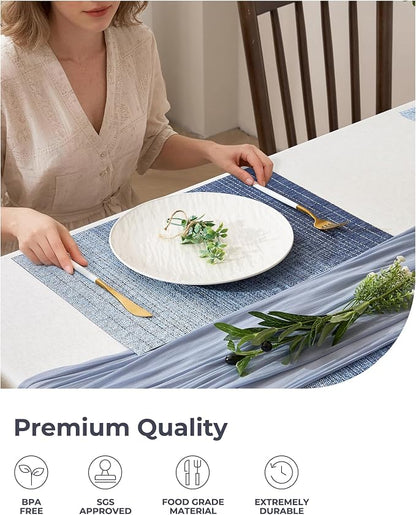 Leetaltree Gradient Blue Woven Placemats Set of 12 - Heat Resistant Non-Slip Place mats for Dining Table, Washable Durable PVC Vinyl Woven Table Mats(Gradient Blue, 12)