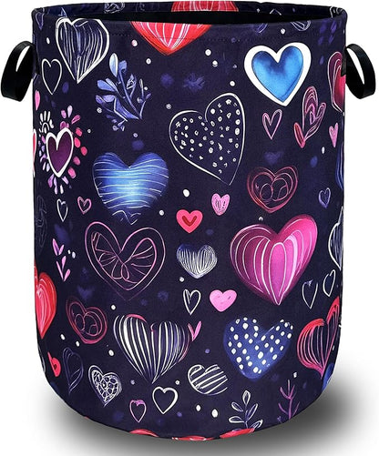 Hand Drawn Love Hearts Pattern Laundry Hamper With Handles Foldable Oxford Cloth Tote Bag Colorful Laundry Basket Clothes Toy Storage Bucket 18.9" x 16.5" For Bathroom/Laundry/Bedroom
