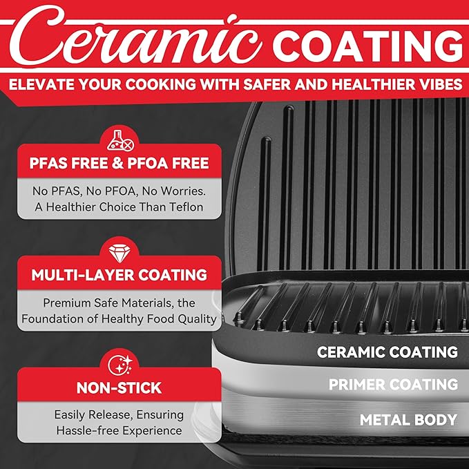 Family-sized Contact Grill, 6-Serving Electric Indoor Grill with Adjustable Temp Control, Ceramic Coating, 1500W, Graphite