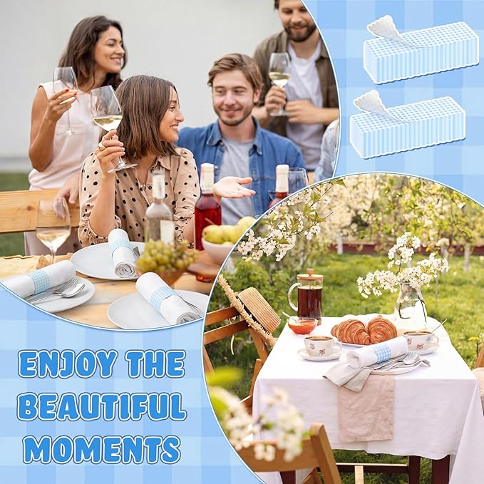 300 Pcs Blue White Plaid Paper Napkin Rings Disposable Napkin Bands Self Adhesive Summer Silverware Wrap Band for Birthday Holiday Party Dinner Table Setting Decoration