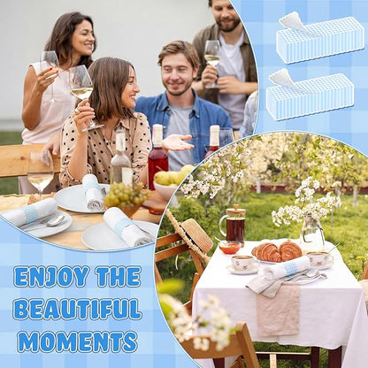 300 Pcs Blue White Plaid Paper Napkin Rings Disposable Napkin Bands Self Adhesive Summer Silverware Wrap Band for Birthday Holiday Party Dinner Table Setting Decoration