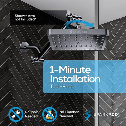 SparkPod Rain Shower Head, 8 Inch Square | High Pressure Shower Heads, 90 Nozzle (Touch-to-Clean), Adjustable Showerhead, No-tool Universal Connection