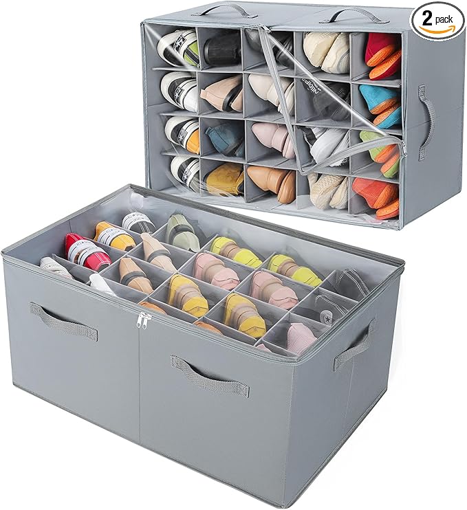 TOPIA HOME Shoe Organizer for Closet 2 Pack, Foldable Shoe Box with Adjustable Dividers and Clear Cover, Space Saving Shoe Storage Organizer Cabinet with Reinforced Handles, Fits 40 Pairs, Gray, TP11G
