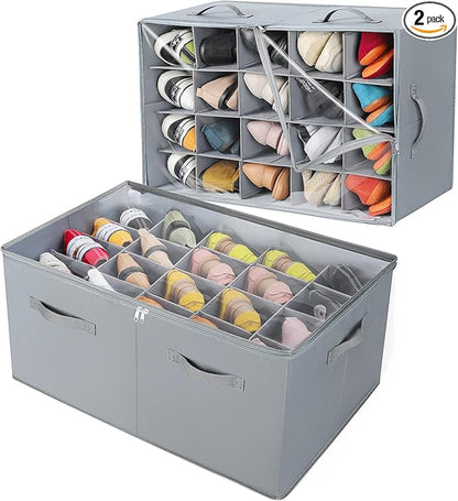 TOPIA HOME Shoe Organizer for Closet 2 Pack, Foldable Shoe Box with Adjustable Dividers and Clear Cover, Space Saving Shoe Storage Organizer Cabinet with Reinforced Handles, Fits 40 Pairs, Gray, TP11G