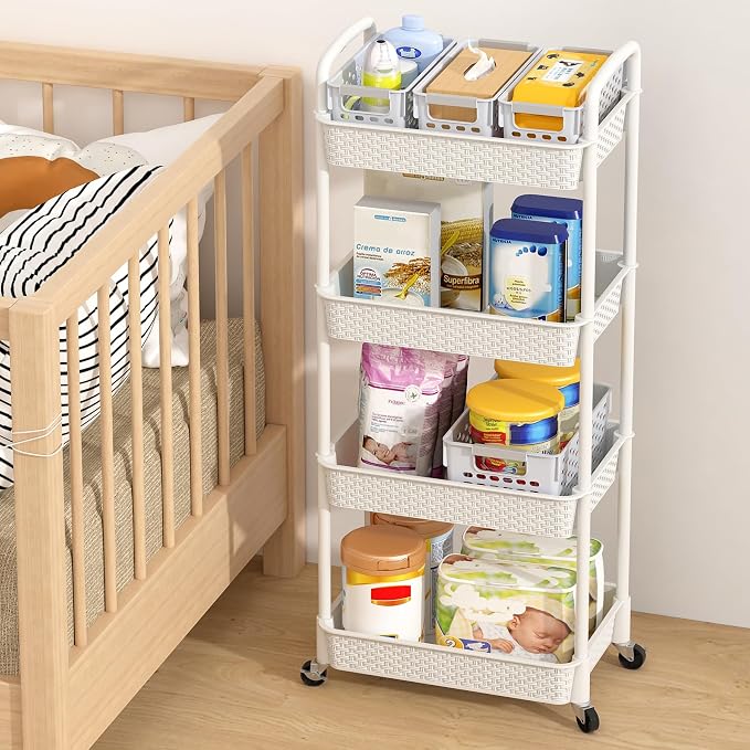 MOYIPIN 4-Tier Plastic Rolling Utility Cart with Handle,Utility Storage Cart for Office, Living Room, Kitchen,Movable Storage Organizer Shelves,White