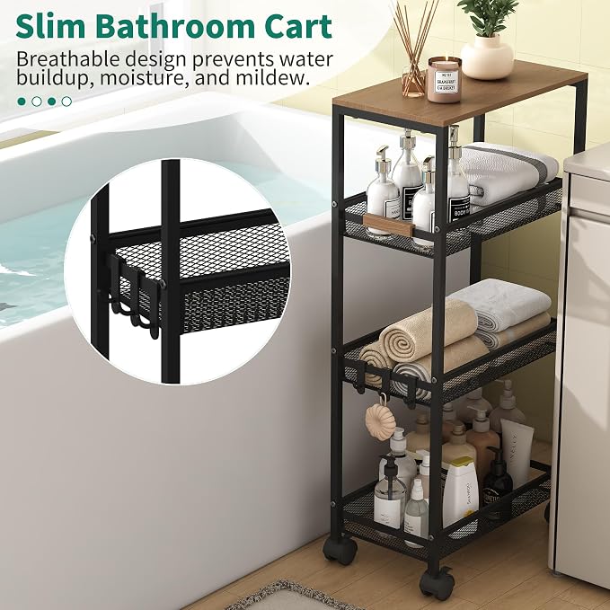 Utility Slim Storage Cart, 4 Tier Rolling Cart with Wheels, Laundry Shelves with Wood Top, Narrow Cabinet for Bathroom Organization, Small Organizer for Kitchen, Office and Dorm (Black, 9.1'')