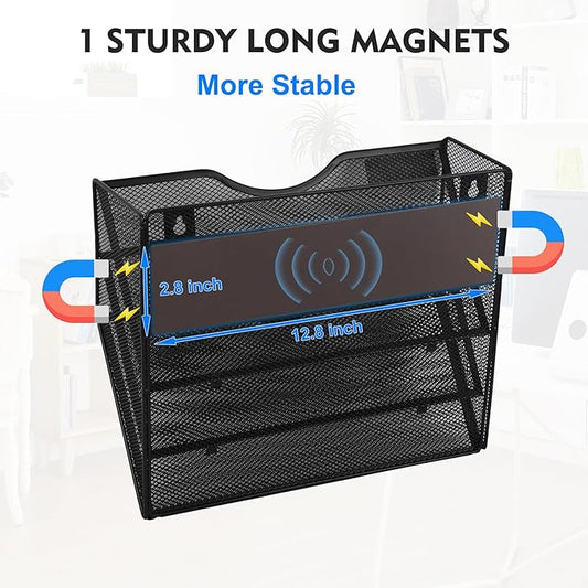 EASEPRES Magnetic 3 Pocket Mesh Hanging Wall File Organizer, Wall Mounted Mail Paper Document Folder Holder, Clipboard Storage Magazine Rack with Nametag Label for Office Home School, Black