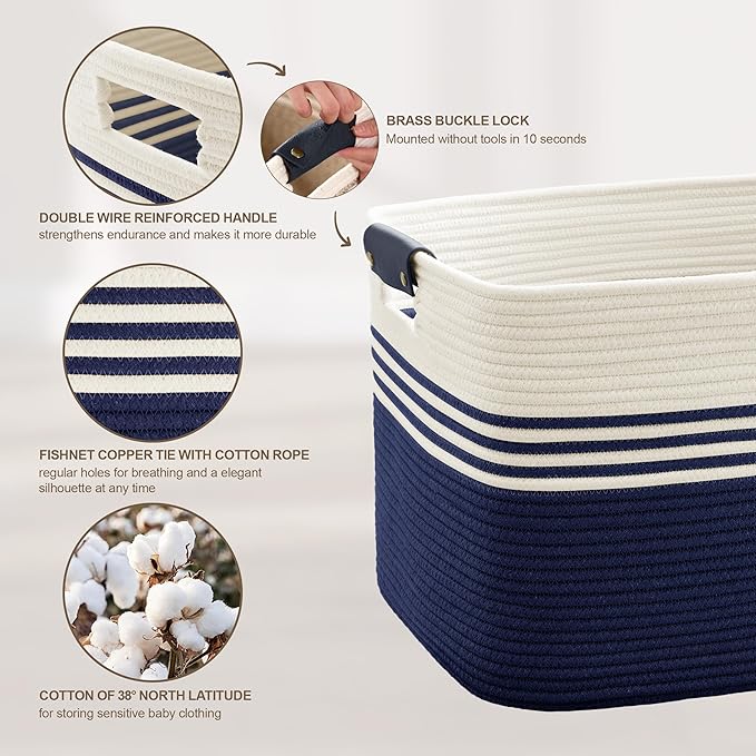 SunNewt 86L Extra Large Laundry Basket with Leather Handles for Living Room Storage, Woven Rope Baskets for Blanket, Kids Toy, Gifts, Wicker Hamper for Bedroom Dirty Clothes, 24"x16"x14" White Navy