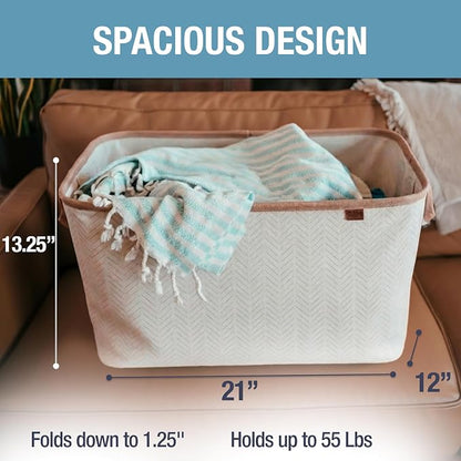 CleverMade Collapsible Laundry Basket LUXE 2 Pack – 60 L (16 Gal) Foldable Cotton Blend Clothes Hamper with Vegan Leather Accents, Reinforced Handles, Space Saving Laundry Bin Holds 55 lbs - Cream