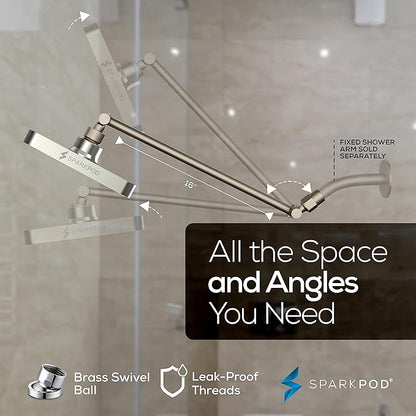 SparkPod Square Rain Shower Head with Shower Head Extension Arm - High Pressure Rain - Luxury Modern Look - No Hassle Tool-less 1-Min Installation (16" Shower Arm Extension, Elegant Brushed Nickel)