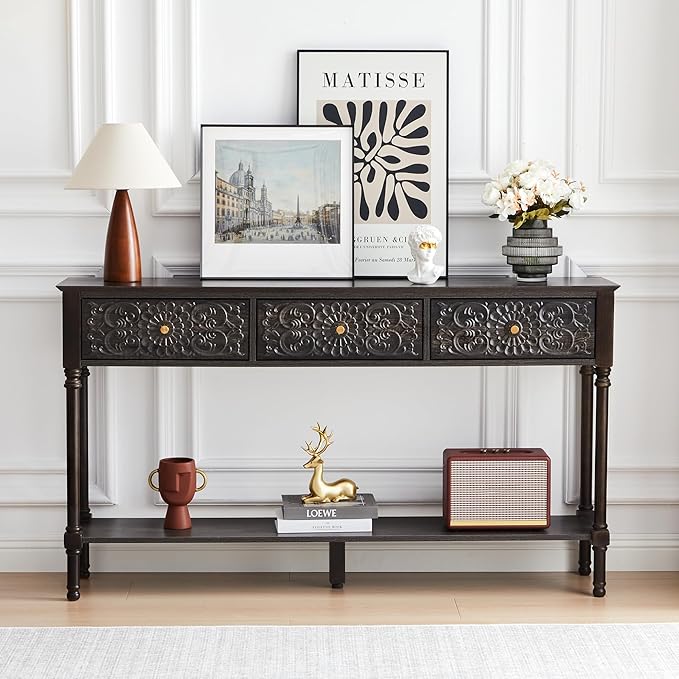 55.5" Carved Console Table with 3 Drawers, 2-Tier Sofa Table with Glossy Floral Surface and Solid Wood Legs, Mid-Century Modern Entryway Table for Living Room Hallway (Antique Black-Brown)