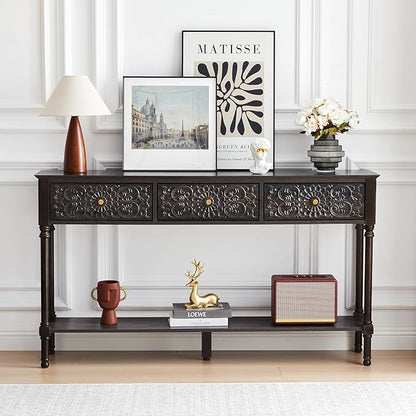 55.5" Carved Console Table with 3 Drawers, 2-Tier Sofa Table with Glossy Floral Surface and Solid Wood Legs, Mid-Century Modern Entryway Table for Living Room Hallway (Antique Black-Brown)