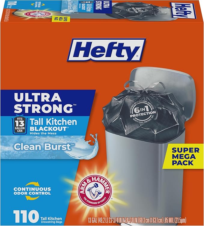 Hefty Ultra Strong 13 Gallon Trash Bags, Black Tall Kitchen Trash Bags 13 Gallon Size, Break Resistant Drawstring Enclosure, Continuous Odor Control, Blackout, Clean Burst Scent, 110 Bags