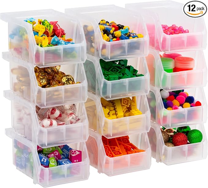 ReadySpace Plastic Containers for Organizing and Storage Bins for Drawers, Desks, Office Organization, and Garage, Stackable Bins, Extra-Small (3" x 5" x 4"), 12-Pack, Clear
