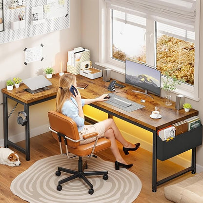 63 Inch L Shaped Desk Computer Desk with Power Outlets & 0.95 Inch Thicker Desktop, Gaming Desk with Storage Bag & Lights, Corner Desk, Reversible Office Desk for Living, Study,Bedroom,Brown