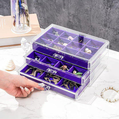 ProCase Earring Holder Organizer Jewelry Box with 3 Drawers, Acrylic Clear Earring Case with Adjustable Velvet Trays for Women - Purple, 3 Layers