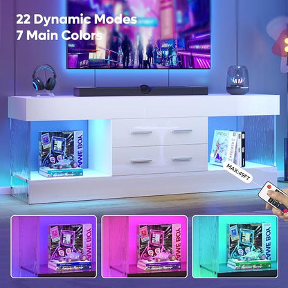 Bestier Modern 60 Inch TV Stand for 65/60/55+ TV, High Gloss White Entertainment Center with 2 Drawers & LED Lights, Stone-Pattern Side Panels TV Consoles for Living Room, Bedroom