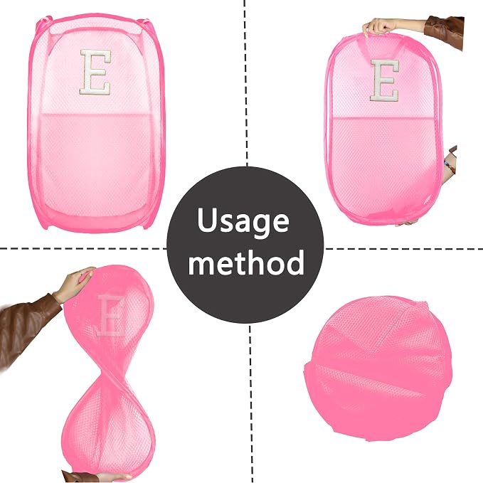 Collapsible Pop Up Laundry Hamper, Extra Large with Removable Initial Letter E, Mesh Foldable Laundry Basket, 28" x 16" x 16" (Pink)