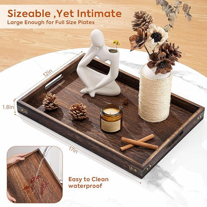 Serving Trays for Party-17In Large Serving Tray with Handles,Wooden Coffee Table Tray&Charcuterie Boards,Serving Platter for Breakfast in Bed Tray,Decorative Rectangular Tray for Ottoman/BBQ/Kitchen