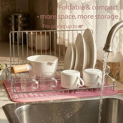 Collapsible Dish Drying Rack, 304 Stainless Steel Foldable Dish Rack with Drying Mat, 15.8" x 12.7" Space Saving Countertop Organizer for Small Kitchen, Dorm and Apartment, Silver