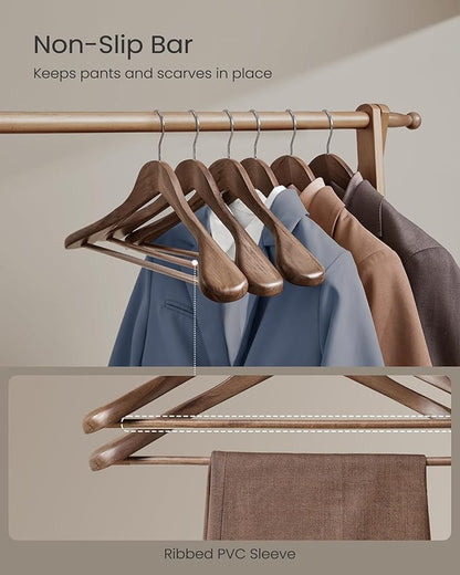 SONGMICS Extra Wide Wooden Suit Hangers, Set of 10 Clothes Hangers, Swivel Hooks, Non-Slip Bars, for Outfits, Suits, Coats, Shirts, Dresses, Walnut Color UCRW050KZ01