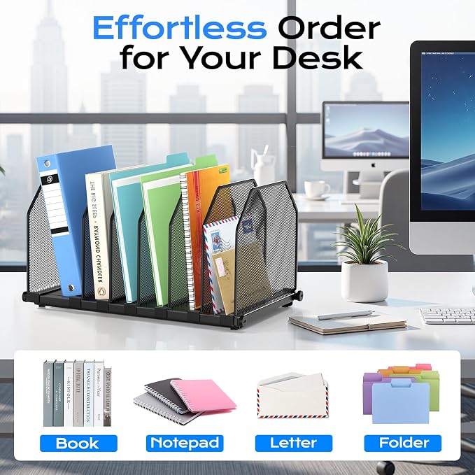 Adjustable File Organizer for Desk, 6 Sections Vertical File Folder Holders Desktop Binder Organizer, Mesh Desk Organizer File Sorter for Home Office Classroom