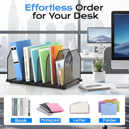 Adjustable File Organizer for Desk, 6 Sections Vertical File Folder Holders Desktop Binder Organizer, Mesh Desk Organizer File Sorter for Home Office Classroom