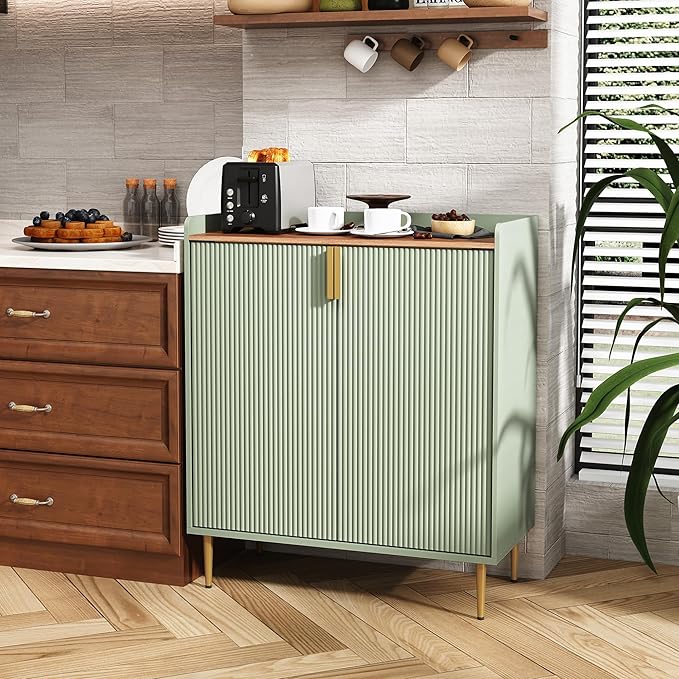 ARTPOWER Coffee Bar Cabinet with Wine Racks, Liquor Cabinet with Fluted Texture, Modern Sideboard Buffet Cabinet for Kitchen Dining Room, Living Room, Sage Green