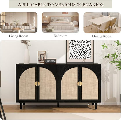 Black Sideboard Buffet Cabinet, 4-Door Rattan Storage Cabinet, Coffee Bar with Adjustable Shelf, Accent Furniture for Living Room, Entryway, Home Office, Black