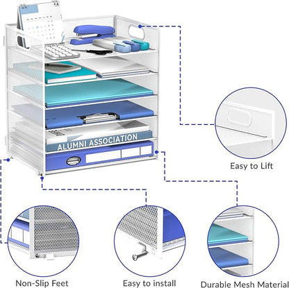 Daltack 6 Tier Paper Organizer for Desk, Paper Letter Tray Organizer for Desks, Mesh Desk File Organizers with Handle for Office, Home, School, White