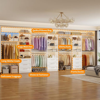 Closet System with 9 Drawers, 11-17FT Closet Organizer System with Cuttable Shelves for Walk in Closet with 9 Expandable Hanging Rods, Heavy Duty Built-in Closet for Bedroom, White(3 Sets)
