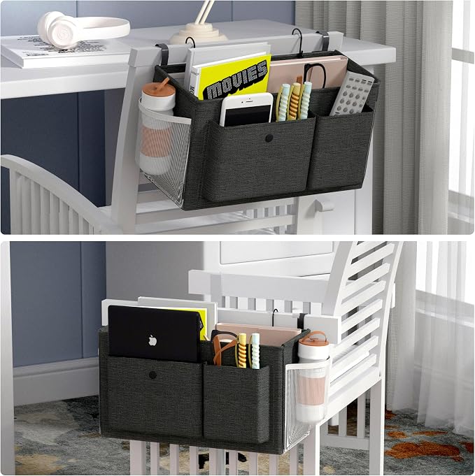 Edudif Bedside Caddy Bedside Organizer with Fixed Straps & Water Bottle Holder, Bunk Bed Caddy ideal for Home, Dorm, Hospital, Crib, Versatile Bedside Storage Solution