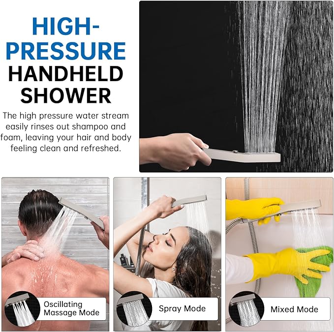 G-Promise All Metal 12 Inch Rain Shower Head with Massage Mode Handheld Spray Combo, 3-Way Diverter with Pause Setting, Full Body Coverage, Modern Bathroom Upgrade (Brushed Nickel)