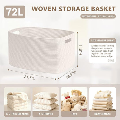SunNewt 72L Large Baby Girls Laundry Basket for Nursery Storage,Cute Woven cotton Rope Baskets for Kids Toy，Gifts,Boho Square Wicker Blanket hamper for Living Room,Bedroom Dirty Clothes, White