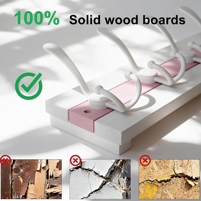 SKOLOO Coastal Wall Mounted Coat Rack - 16-7/8" Beach House Entryway Wooden Coat Hook with 5 Hooks for Hanging Coats, Hats or Towels, Oceanfront Cottage Core Collection, White & Palm Beach Pink