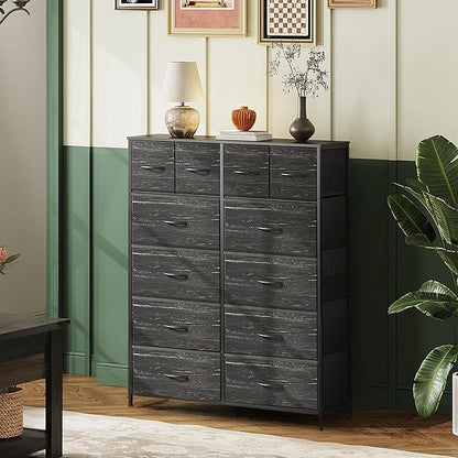Tall Console Table with 12 Fabric Drawers, Tall Storage Organizer with Wood Top, Entryway Table with Storage, Steel Frame for Living Room, Hallway, Office, Charcoal Black Wood Grain Print