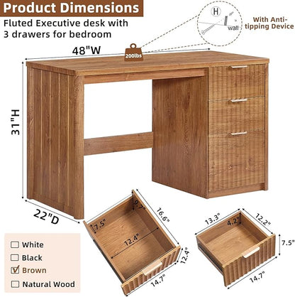 48" Modern Fluted Home Office Desk with Storage Cabinet, Brown Wood Executive Desk with File Drawer & Golden Handles, Large Computer Writing Table for Office,Study, Living Room, Bedroom